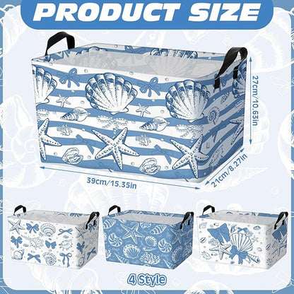 4 Pcs Coastal Beach Storage Basket Fabric Laundry Baskets with Handle Summer Ocean Blue Bow Foldable Organizer Boxes for Office Home Bedroom Baby Cloth Toy Book 15 x 10 x 8