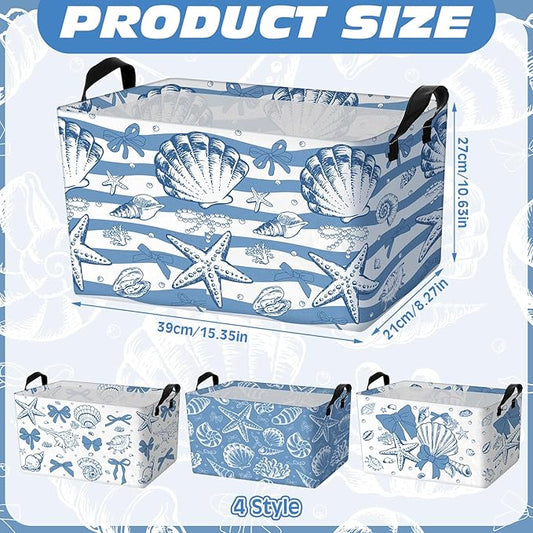 4 Pcs Coastal Beach Storage Basket Fabric Laundry Baskets with Handle Summer Ocean Blue Bow Foldable Organizer Boxes for Office Home Bedroom Baby Cloth Toy Book 15 x 10 x 8