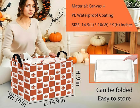 Large Halloween Themed Candy Gift Boo Basket for Kids Baby Personalized Adults Storage Bin Fall Decor(Grid Pumpkin)