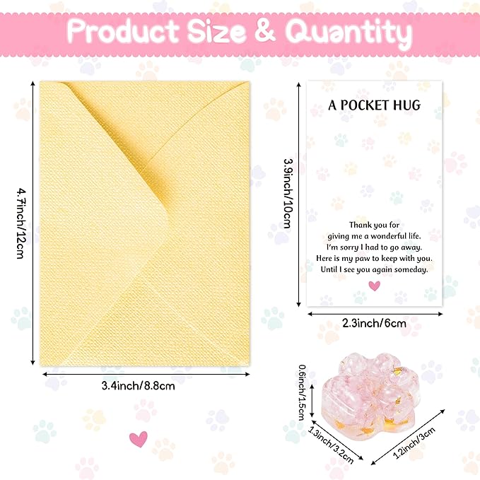 Loss of Pet Sympathy Gift - Pink Crystal Mini Paw Pocket Hug with Memorial Card Envelope Remembrance Bereavement Gift for Loss of Dog Cat Sympathy Favor Adult Pet Lover Stress Relief Supply