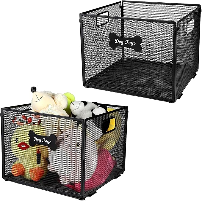 2pack Dog Toy Box, Large Metal Dog Toy Basket-Wire Mesh Basket-Cute Pawprint Dog Bone-Pet Accessory Rust-Resistant Finish-for Cat Toys Organization & Storage