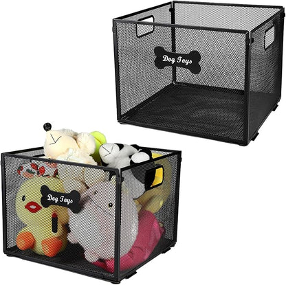 2pack Dog Toy Box, Large Metal Dog Toy Basket-Wire Mesh Basket-Cute Pawprint Dog Bone-Pet Accessory Rust-Resistant Finish-for Cat Toys Organization & Storage