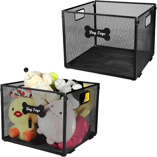 2pack Dog Toy Box, Large Metal Dog Toy Basket-Wire Mesh Basket-Cute Pawprint Dog Bone-Pet Accessory Rust-Resistant Finish-for Cat Toys Organization & Storage