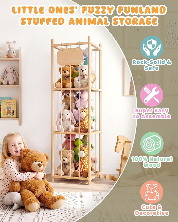 Stuffed Animal Storage Holder, Kids Plushies Toy Storage Organizer with Cute Sticker, 54In Wood Stuffed Animal Zoo Storage, Toy Shelf for Boys Girls, Ideal for Nursery, Playroom, Bedroom, Toddler Room