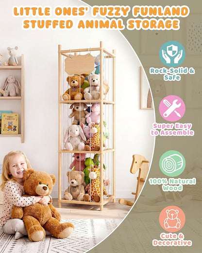 Stuffed Animal Storage Holder, Kids Plushies Toy Storage Organizer with Cute Sticker, 54In Wood Stuffed Animal Zoo Storage, Toy Shelf for Boys Girls, Ideal for Nursery, Playroom, Bedroom, Toddler Room