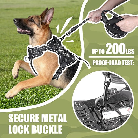 Service Dog Tactical Vest Harness and Leash Set Medium Sized Dog Emotional Support- Tactical Dog Harness Training Collar with Name (Black, L)