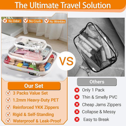 Hard Sided Clear Zipper Case for Storage- Professional-Grade Plastic Clear Zipper Pencil Case,Toy Storage Bins, Toiletry Pouch, Travel Organizer, Cosmetic Bag（White,3 Pack, LMS）