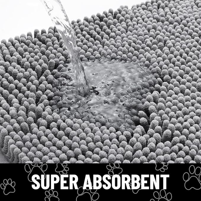 Smiry 2 Piece Dog Door Mat for Muddy Paws, Absorbent Dirt Trapper Non Slip Quick Dry Washable Chenille Mat for Mud Dogs, Entry Rug for Indoor and Outdoor (24x16 Inches, Grey)