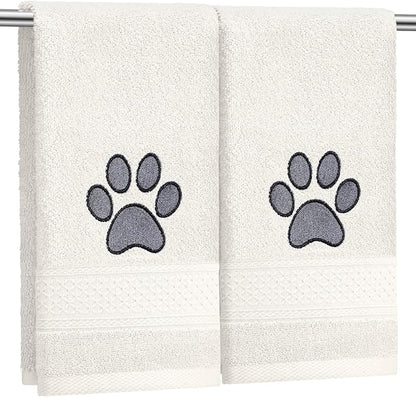 2 Pcs Dog Paw Hand Towels Beige Bathroom Decor 13 x 29 Inch 100% Cotton Embroidered Soft Hand Towels Absorbent Farmhouse for Kitchen Restroom