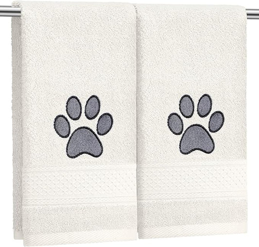 2 Pcs Dog Paw Hand Towels Beige Bathroom Decor 13 x 29 Inch 100% Cotton Embroidered Soft Hand Towels Absorbent Farmhouse for Kitchen Restroom