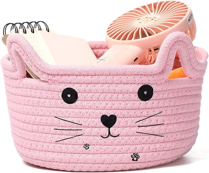 Zopeal Cat Basket Storage Woven Organizer with Ears Easter Decorative Pet Toy Cute Cotton Rope Basket for Gift Cat Dog Toy Bin Nursery Room(8.3 x 4.7 Inch,Pink)