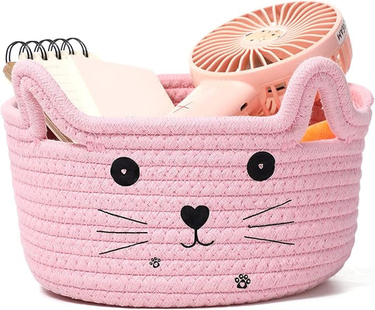 Zopeal Cat Basket Storage Woven Organizer with Ears Easter Decorative Pet Toy Cute Cotton Rope Basket for Gift Cat Dog Toy Bin Nursery Room(8.3 x 4.7 Inch,Pink)