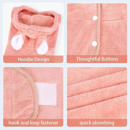 Pet Bathrobe Towel Dog Cat Drying Coat Super Absorbent Cute Dogs Bath Towel Hooded Robe Adjustable Collar & Belly Strap for XSmall to XLarge Pets (Coralpink, Large)