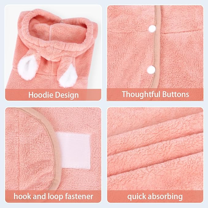 Pet Bathrobe Towel Dog Cat Drying Coat Super Absorbent Cute Dogs Bath Towel Hooded Robe Adjustable Collar & Belly Strap for XSmall to XLarge Pets (Coralpink, Medium)
