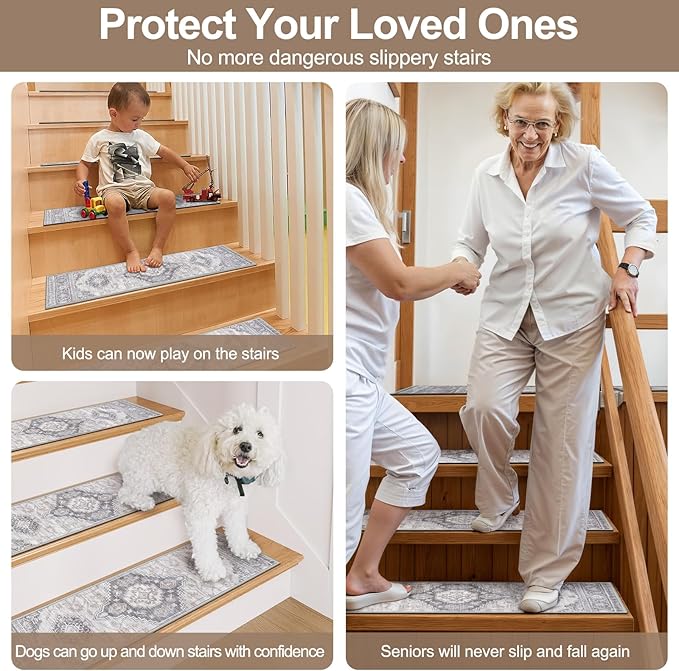 OJIA Stair Treads Carpet for Wooden Steps Non Slip Landing Mat Stair Rug with Rubber Backing, Faux Wool Soft Stair Runner Safety Rugs for Family, Absorbent Washable 31x31 inch Carpet for Stairs