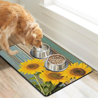Dog Food Mats for Floors Absorbent, Cat Food Mat - Pet Cat Feeding Mat Quick Dry, Dog Bowl Mats for Water, Pet Supplies Feeding Placemat 12" x 20" Sunflower