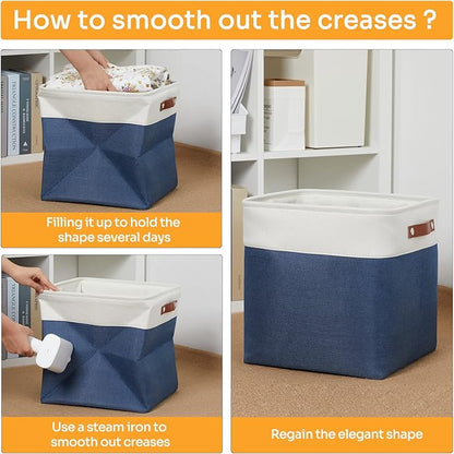 DULLEMELO Storage Baskets for Shelves Closet Storage,Large Home Organization Bins for Gifts Empty,Foldable Fabric Storage Cubes Baskets for Nursery Toy Towels Clothes Storage(White&Blue)