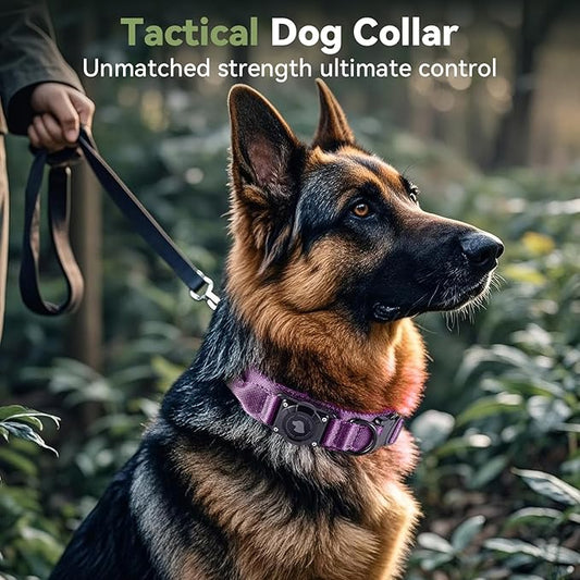 2026 Upgrade Waterproof AirTag Dog Collar, Military Tactical Dog Collar with AirTag Holder, Comfortable Control Handle and Metal Buckle, GPS Dog Collar Holder for Medium to Large Dogs (Purple, M)