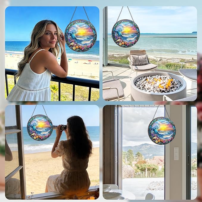 Stained Glass Window Hanging, 7.8″ Clouds and Sea Waves Sun Catchers with Hook Indoor Window Decor, Decorative Suncatchers Hanging Ornaments Home Garden Art Gift for Housewarming