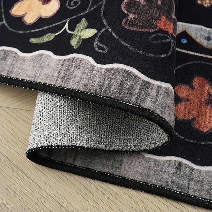 Rugcomf 2'7"x14' Long Hallway Runner Rug - Floral Cat Washable Non Slip Boho Carpet for Kitchen, Entryway, Hall, Bathroom - Black