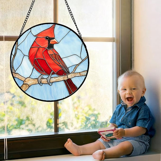 Stained Glass Window Hanging Cardinal Birds 6.3" - Suncatcher Door Garden Sun Catcher Home Decor Christmas Birthday for Bird Lovers Woman Her Nana Wife Men Mom