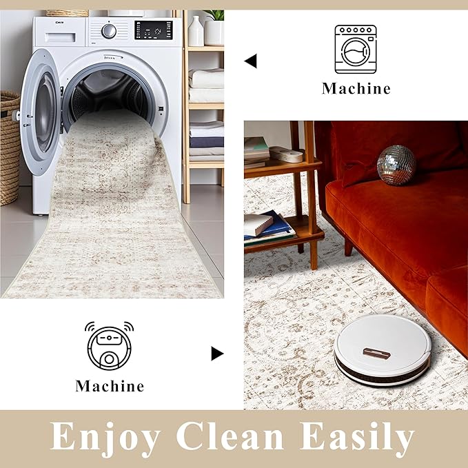 RUUGME Runner Rug 3x8 Washable - Hallway Rugs with Non Slip Backing Low Pile Stain Resistant Rug for Kitchen Bedroom Dining Room Soft Boho Vintage Thin Carpet Home Decor Floor Mat 3x8 Beige Brown