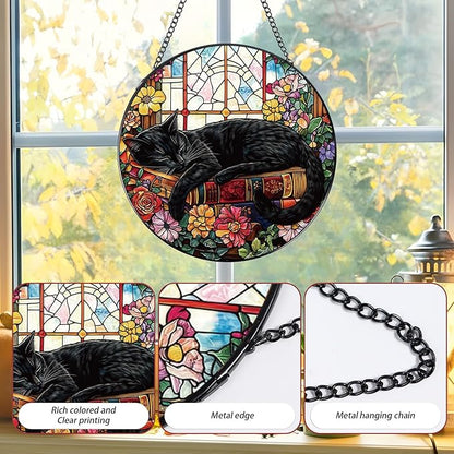 Stained Glass Window Hanging, 7.8″ Cat and Flower Sun Catchers with Hook Indoor Window Decor, Decorative Suncatchers Hanging Ornaments Home Garden Art Gift for Housewarming