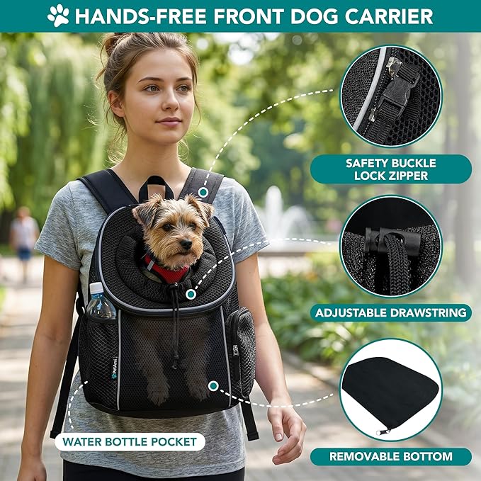 PetAmi Dog Front Carrier Backpack, Ventilated Adjustable Dog Pet Cat Chest Carrier Backpack, Dog Carrier for Hiking Camping Travel, Small Dog Puppy Medium Cat Carrying Bag, Max 10 lbs, Black