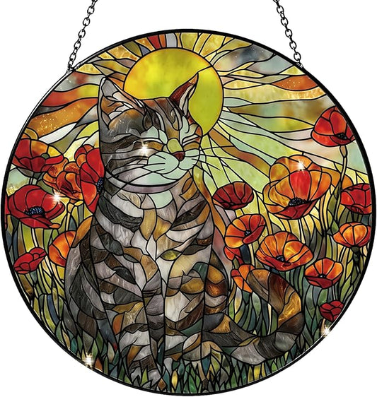 Greatingreat Gray Cat Stained Glass Window Hanging, Home Room Decor 7.8 Inch Sun Catchers Indoor Window, Whimsical Decor for Christmas Mother's Day Birthday Gifts for Women Men Pet Lover Gift