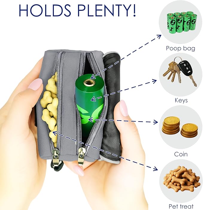 Dog Poop Bag Holder for Leash, 2 Waterproof Zipper Pouches, Dog Treat Pouch for Pet Walking Accessories, with Dispenser, Training Clicker and 1 Free Roll (Gray)