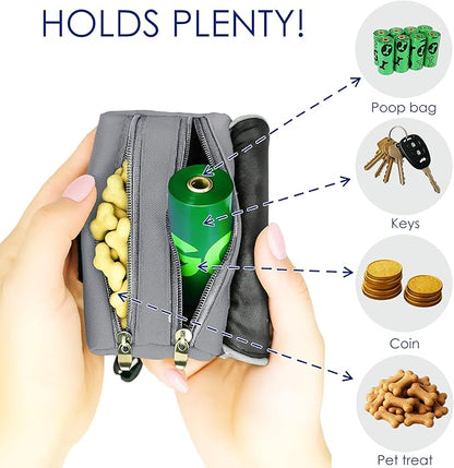 Dog Poop Bag Holder for Leash, 2 Waterproof Zipper Pouches, Dog Treat Pouch for Pet Walking Accessories, with Dispenser, Training Clicker and 1 Free Roll (Gray)