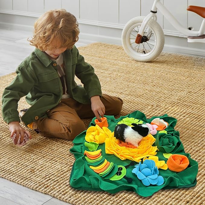 Rabbit Foraging Mat, Interactive Feed Game for Boredom, Small Pet Bunny Puzzle Toys, RUBYHOME 20" x 20" Snuffle Pad Bed Feeding Mat Rabbit Toys for Bunny Guinea Pigs Hamster Ferrets Chinchillas