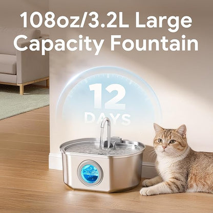 Cat Water Fountain Stainless Steel: 109oz/3.2L Cat Fountain for Drinking - Pet Water Fountain Inside - Automatic Dog Watering Dispenser Bowl - Pet Feeding & Watering Supplies - Water Level Window