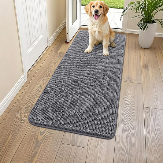 Smiry Dog Door Mat for Muddy Paws 47x20, Absorbs Moisture and Dirt Doormat, Non-Slip Washable Quick Dry Chenille Front Door Mat Indoor Entrance, Entryway Carpet for Inside Floor, Dark Grey