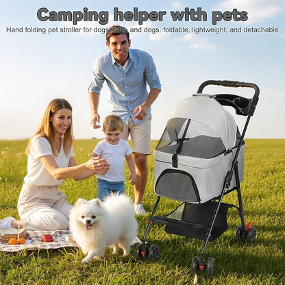 4 Wheels Pet Stroller,Dog and Cat Foldable Strollers, Removable Carrier, Breathable Mesh Canopy, Storage Basket and Cup Holder, Lightweight Travel Carrier, Pet Carrying Cart for Walks Outings Shoppin