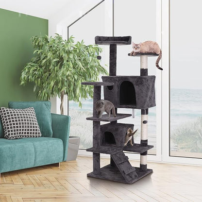 53 inches Heavy Duty Multi-Level Cat Tree Tower with Condo Furniture & Scratching Posts for Kittens Play Rest (Grey)
