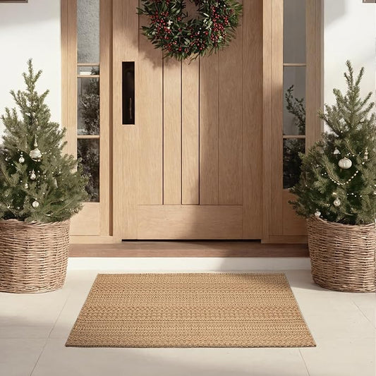 27.5"x43" Washable Outdoor Front Door Mat, Textured Natural Woven Low-Profile Patio Rug with Non-Slip Backing, Neutral Light Brown, for Porch, Entryway, Layering