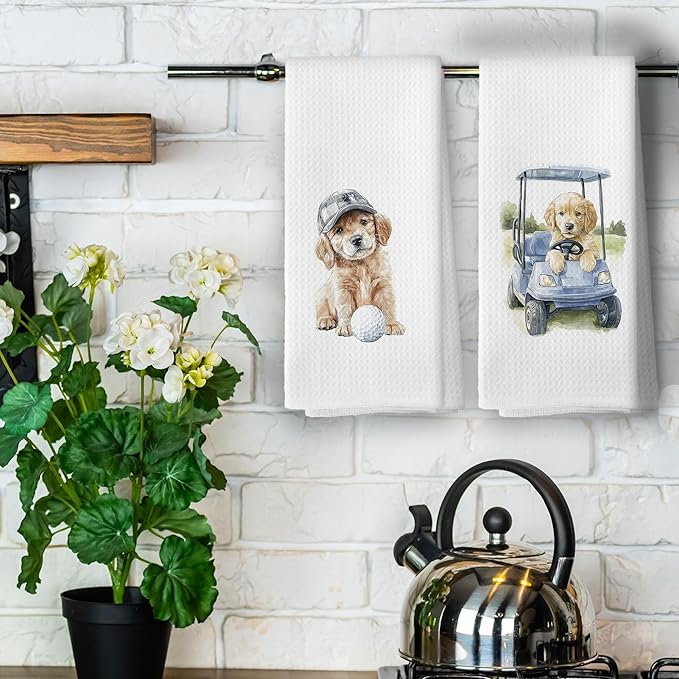 Golf Dog Kitchen Towels - Golden Retriever Dish Towels, Sports Gifts, Pet Golf Club Decorative Absorbent Dishcloths Hand Towels Set of 2 for Kitchen Spa Gym Decor 16x24 Inches