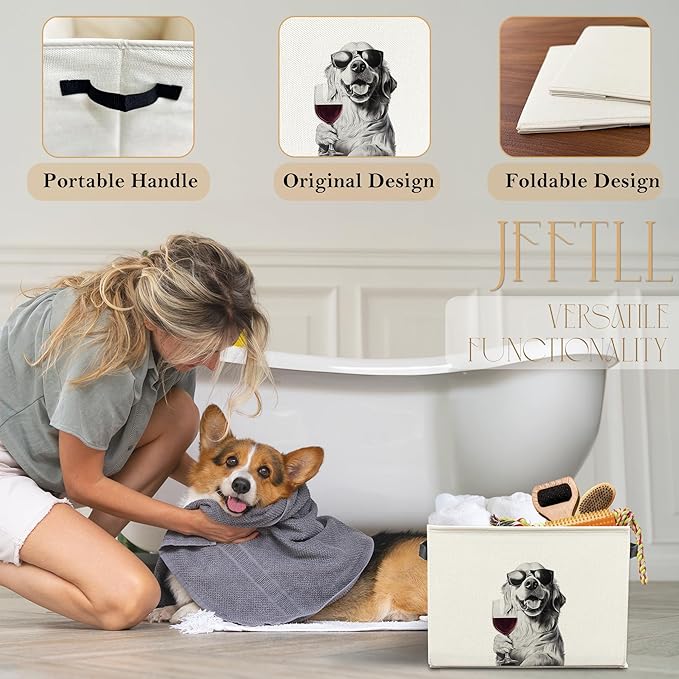 Funny Golden Retriever and Wine Dog Toy Basket, Golden Retriever Lovers Gifts Collapsible Pet Dog Toy Storage Bin Box Basket Organizer, Pet Supplies for Dogs