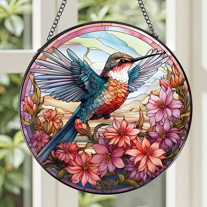 Hummingbird Flower Stained Glass Window Hanging, 7.8″ Sun Catchers with Hook Indoor Window Decor, Decorative Suncatchers Home Garden Art Gift for Bird Lovers Housewarming
