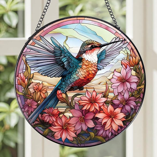 Hummingbird Flower Stained Glass Window Hanging, 7.8″ Sun Catchers with Hook Indoor Window Decor, Decorative Suncatchers Home Garden Art Gift for Bird Lovers Housewarming
