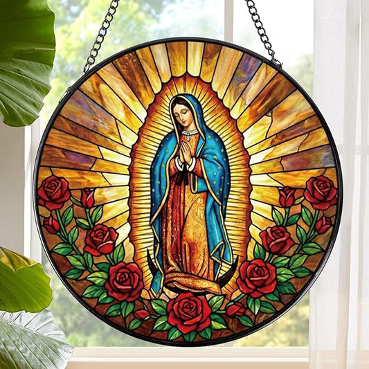 Virgen De Guadalupe Stained Glass Window Hanging, Christian Gifts Sun Catcher Housewarming, Decorative Suncatchers Religious Gifts for Wall Art Landscape Home Decor 8 Inch