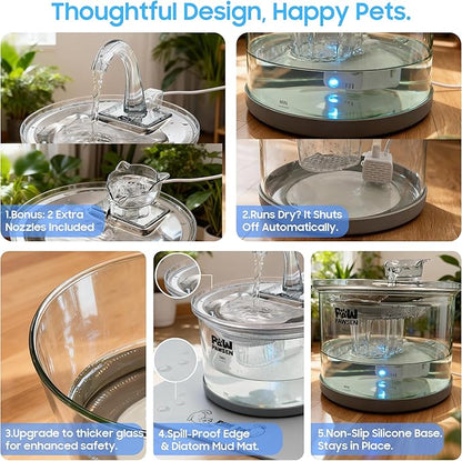 Ultra-Quiet Clear Glass Pet Fountain - 70oz/2.1L for Small Dogs & Cats,Automatic Water Dispenser with 3-Stage Filter & 3 Spray Heads | Dishwasher Safe,Indoor Use