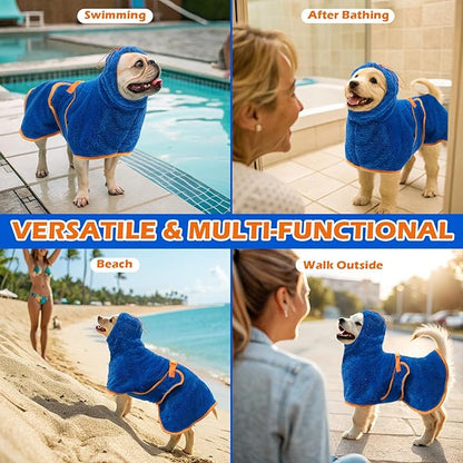 EXPAWLORER Soft Dog Bathrobe with Hood, Super Absorbent & Quick-Drying Dog Towels, Cozy Drying Coat for After Bath,Swimming, Blue XXL