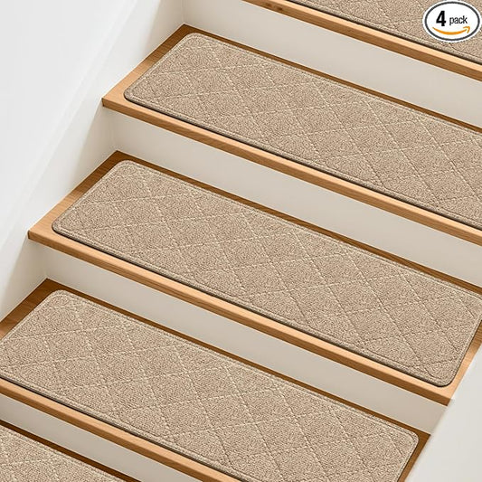 Stair Treads Non-Slip for Wooden Steps, 4Pack - 8" x 30" Edging Stair Runner Indoor for Kids Elders & Pets, Washable Carpet Stair Treads with Peel & Stick Reusable TPE Backing, Beige