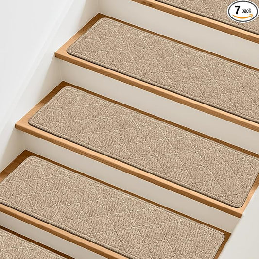 Stair Treads Non-Slip for Wooden Steps, 7Pack - 8" x 30" Edging Stair Runner Indoor for Kids Elders & Pets, Washable Carpet Stair Treads with Peel & Stick Reusable TPE Backing, Beige