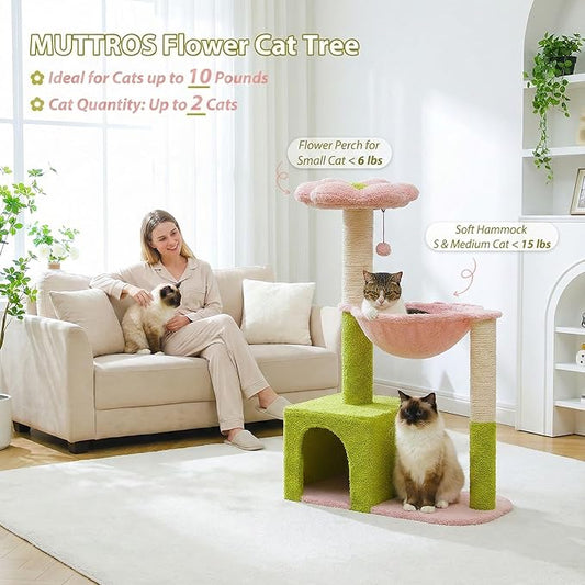 MUTTROS Flower Cat Tree with Large Metal Frame Hammock, 35" Cute Cat Tower with Sisal Scratching Posts for Small Indoor Cats, Cat Condo with Pink Top Perch for Kittens, Pink