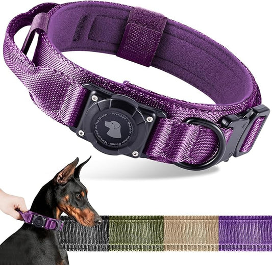 2026 Upgrade Waterproof AirTag Dog Collar, Military Tactical Dog Collar with AirTag Holder, Comfortable Control Handle and Metal Buckle, GPS Dog Collar Holder for Medium to Large Dogs (Purple, L)