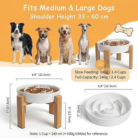 Elevated Slow Feeder Dog Bowl - Upgraded with Screwed Bamboo Stand - Ceramic Maze Dish for Fast Eaters - Raised Feeding Bowl for Medium and Large Dogs - White