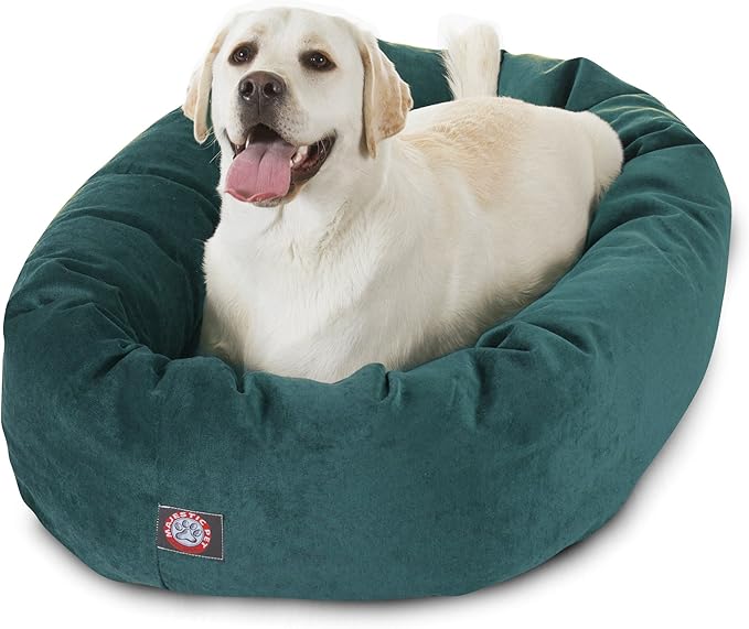 Majestic Pet 40 Inch Micro Velvet Calming Dog Bed Washable – Cozy Soft Round Dog Bed with Spine for Head Support - Fluffy Donut Puppy Mat 40x29x9 (inch) Large – Marine (2025)